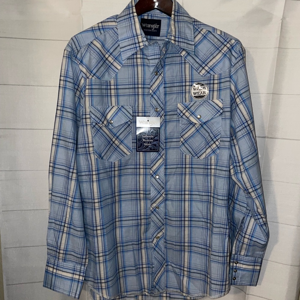 WRANGLER WRANCHER FLANNEL SHIRT Western Cowboy Pearl Snap Red Blue Tan Plaid M.